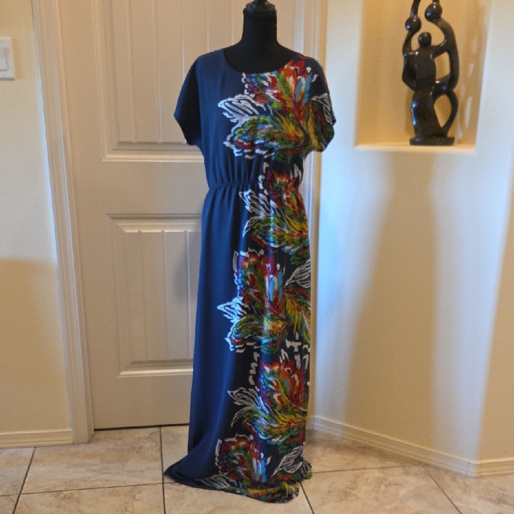 Lace & Mesh Rainbow Floral Maxi Dress With Side Slit, Size L